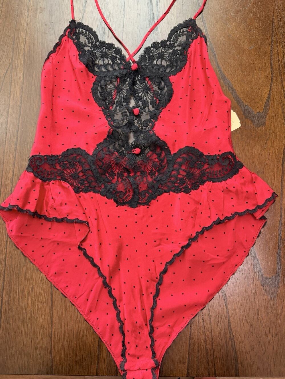 NEW Vtg Victorias Secret Silk Bodysuit Red Polka Dot Teddy Gold Label Romper S
